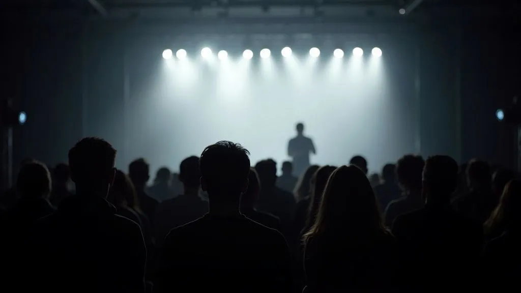 A bustling event production team setting up a large conference hall
