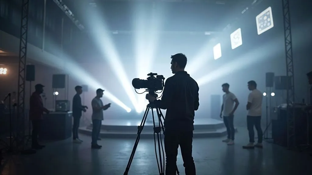 A bustling event production team coordinating an event
